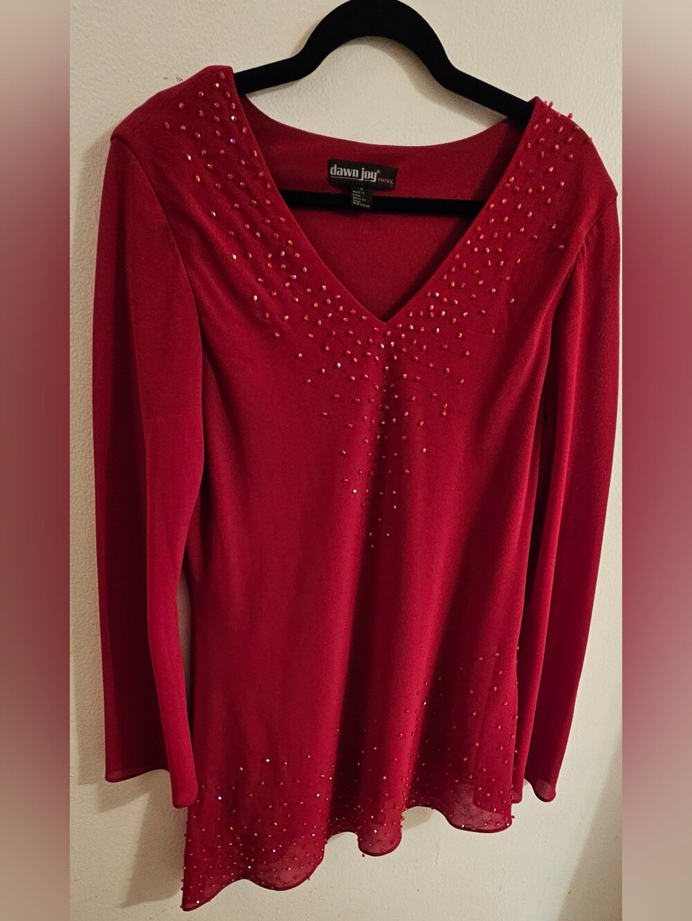 Dawn Joy- Red V-Neck Long-Sleeve Top with Red Sequin Detail.